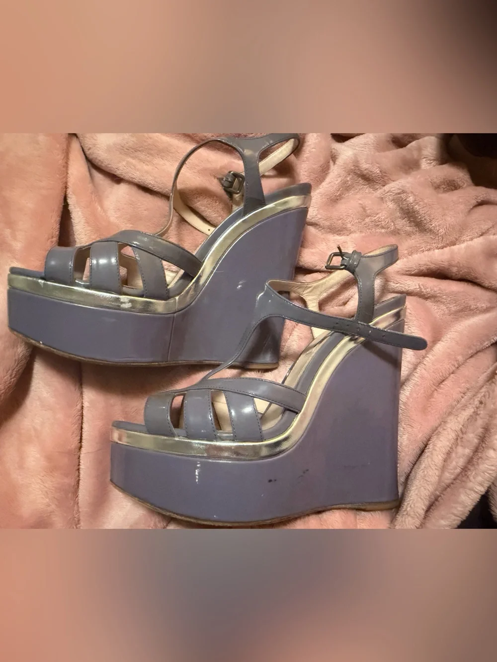 Miu Miu Glossy Purple Patent Leather Strappy Heels